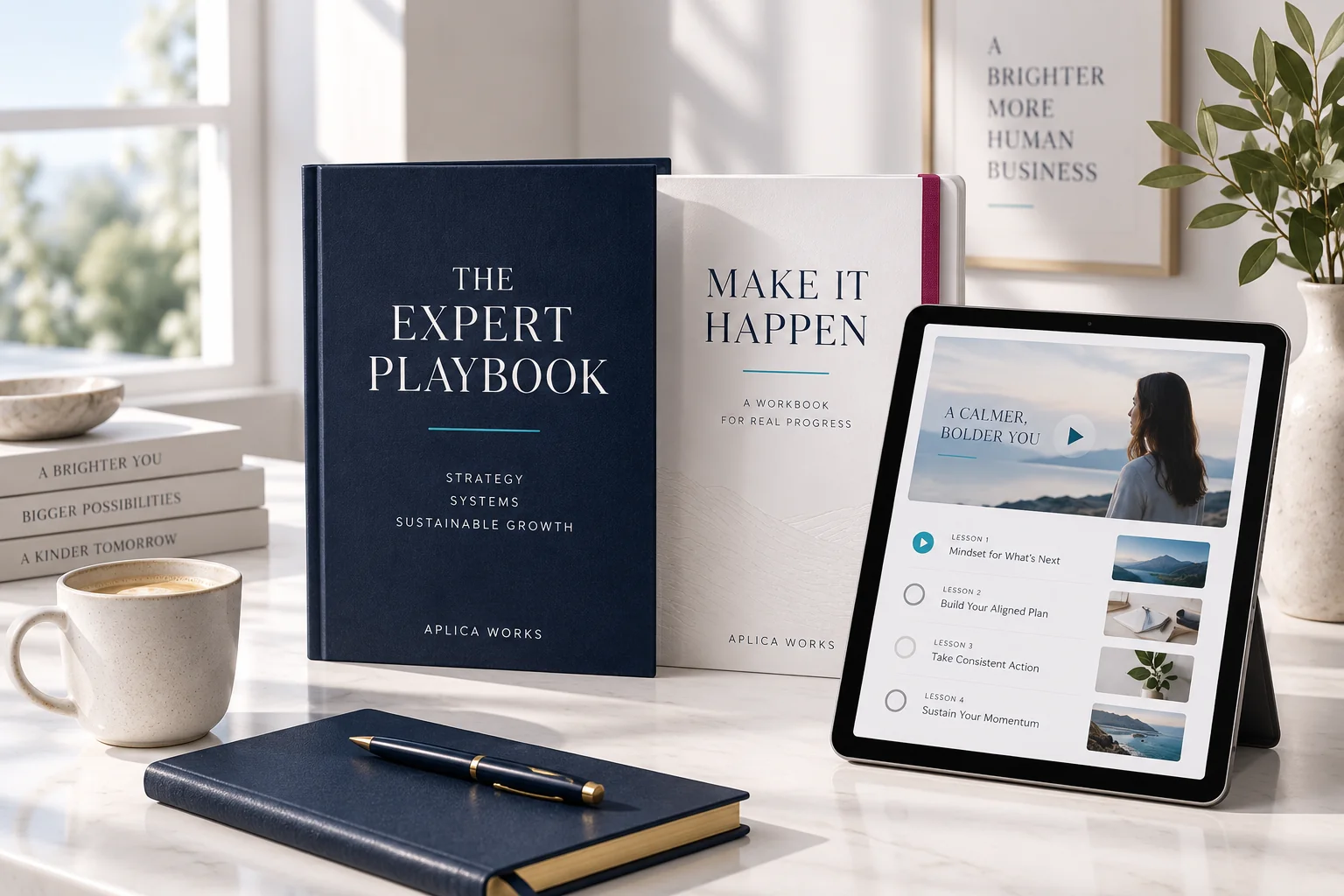 Sample digital product books and an online course on a tablet