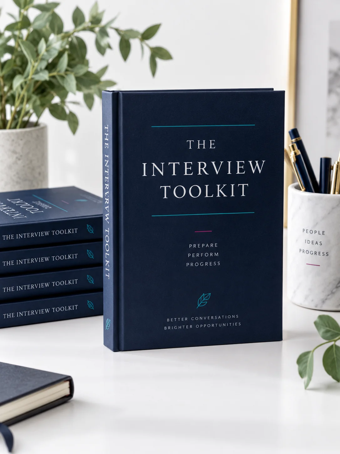 The Interview Toolkit navy book on a white desk