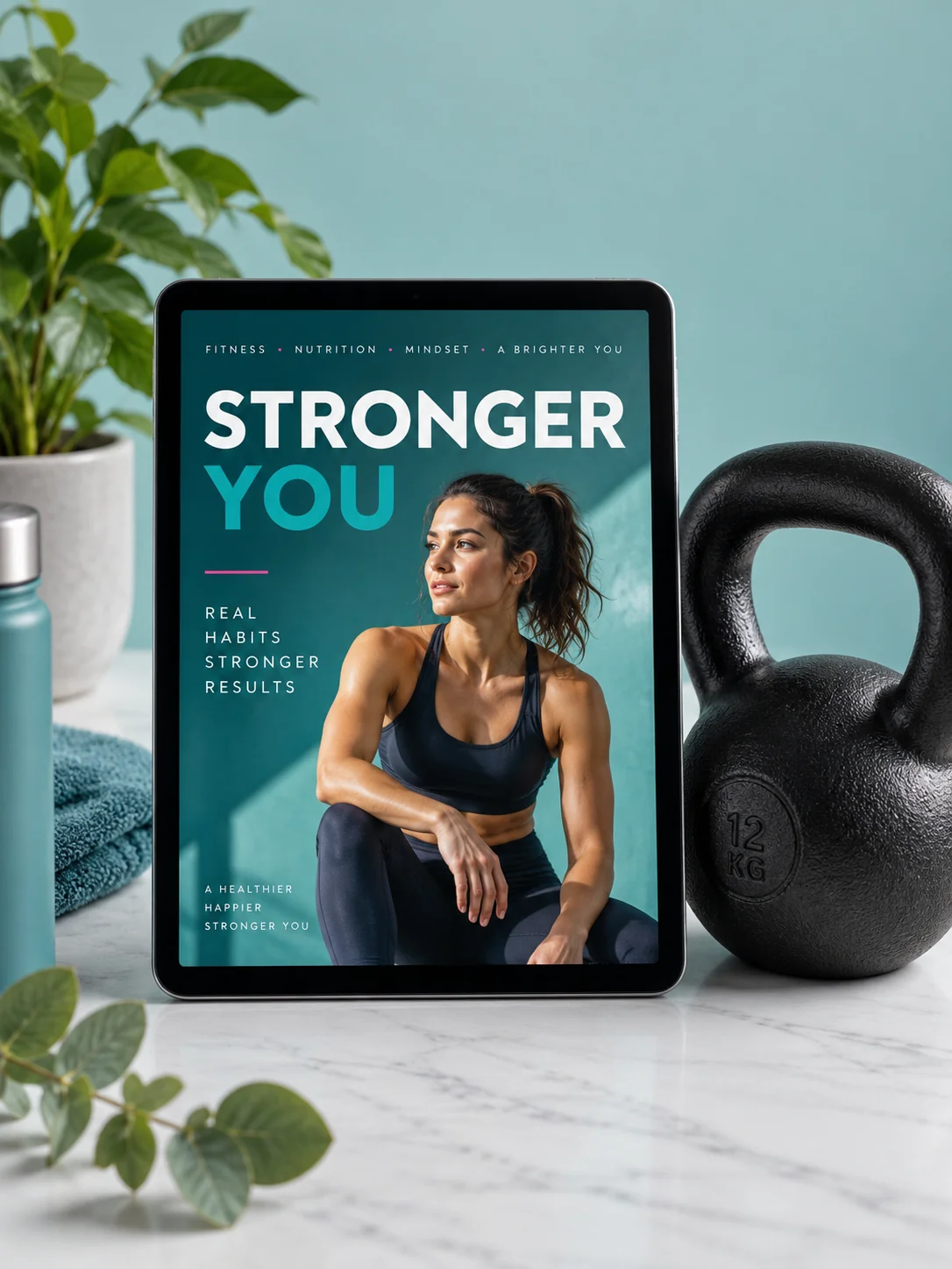 Stronger You fitness guide on a tablet beside a kettlebell